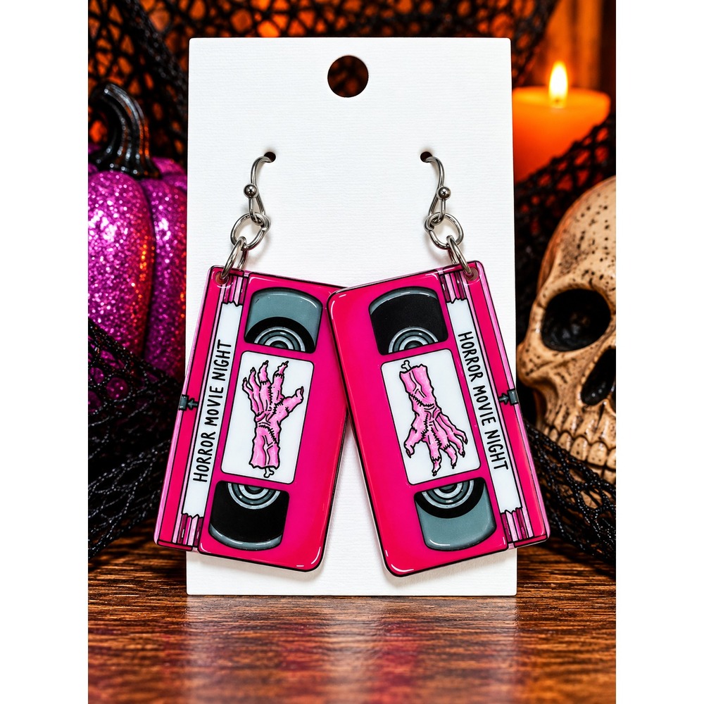 Pink VHS Earrings Horror Movie Night Skeleton Hand Halloween Dangles